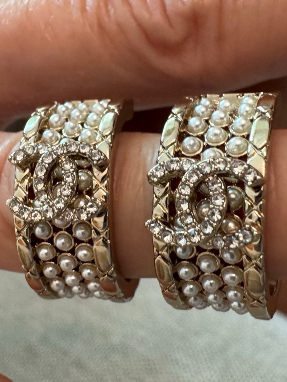 New Classic Chanel CC Logo Crystal & Pearl Embellished Gold Small Hoop Earrings